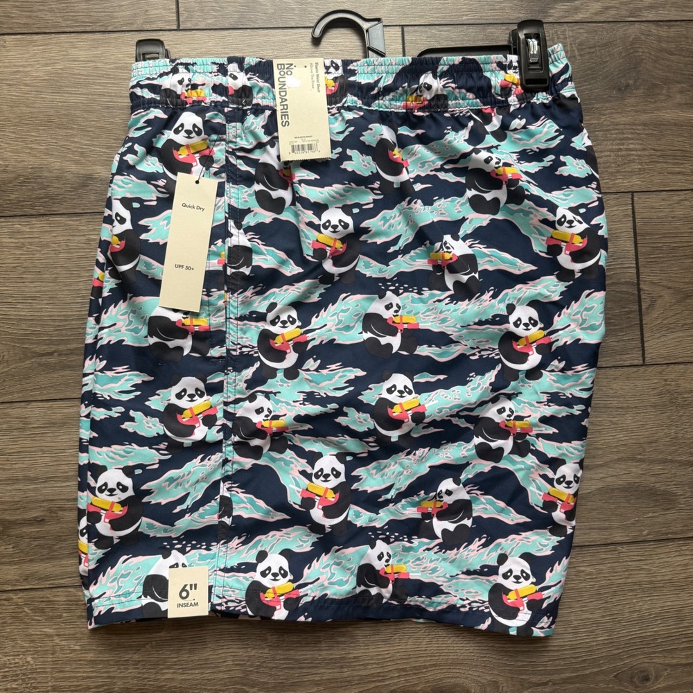 NWT No Boundaries Mens Panda UPF 50+ Swim Trunks Navy Blue 3XL‎ 6in Inseam NEW